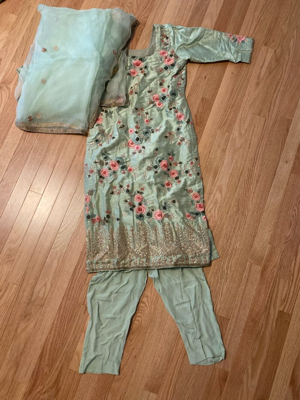 Indian Punjabi silk mint pastel green 3 piece pant suit set with Dupatta